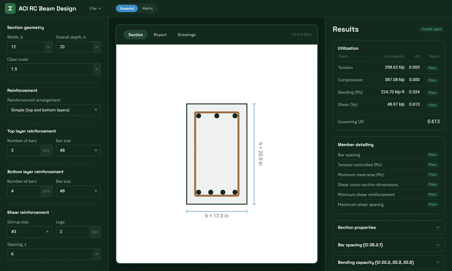 Beam Design app showing a 12 x 20 in beam cross-section with top and bottom bars and the utilization results, all checks passing